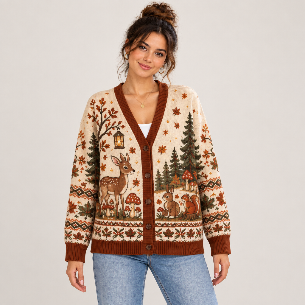 Female model wearing the Cozy Autumn Woodland cardigan
