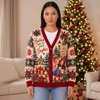 Female model wearing the Cozy Christmas Besties cardigan