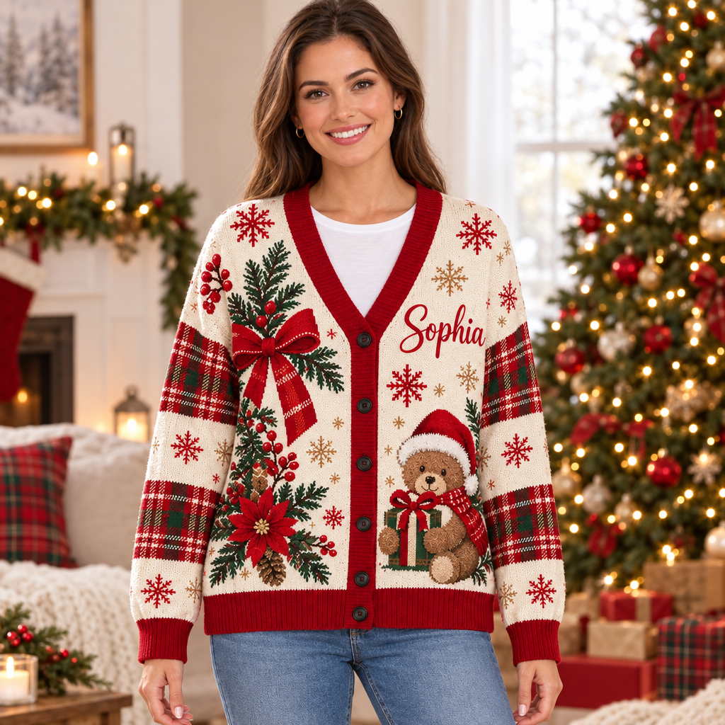 Female model wearing the cream-and-red Christmas cardigan