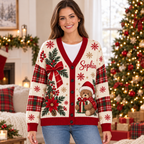 Female model wearing the cream-and-red Christmas cardigan