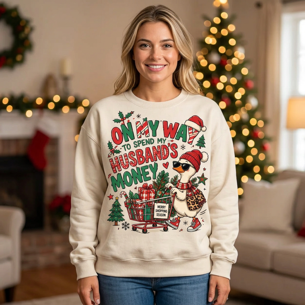 Female model wearing the cream Christmas goose sweatshirt