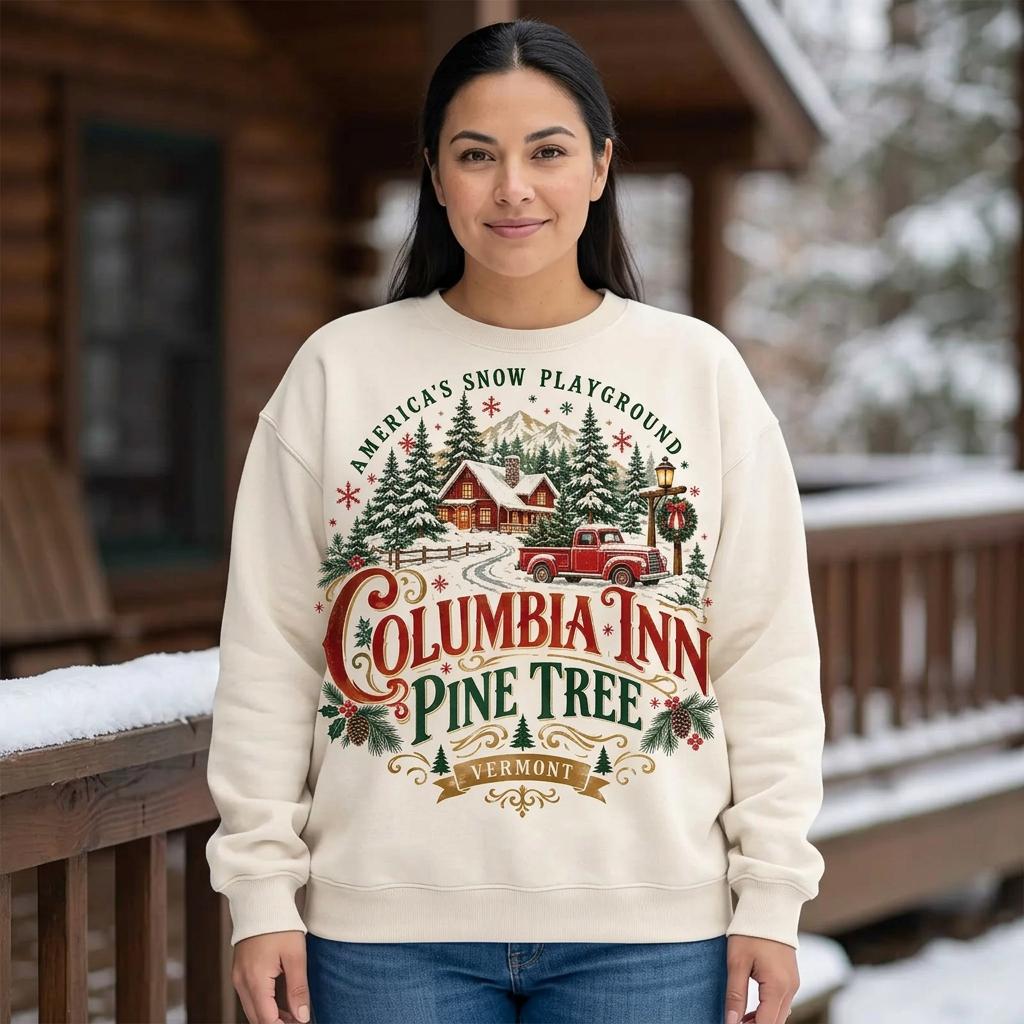 Female model wearing the cream Columbia Inn sweatshirt