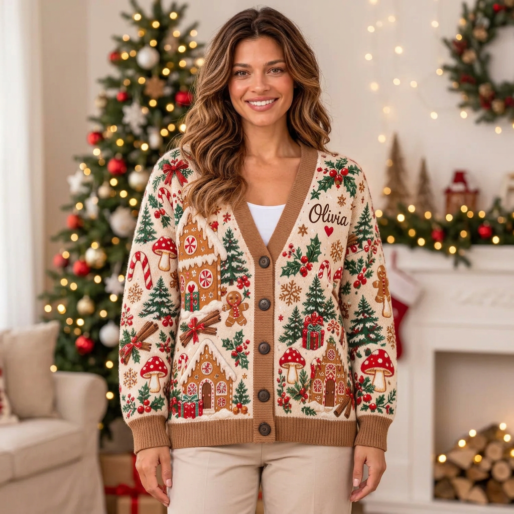 Female model wearing the cream gingerbread Christmas cardigan