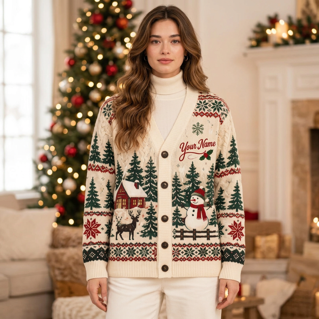 Female model wearing the cream snowman and reindeer cardigan
