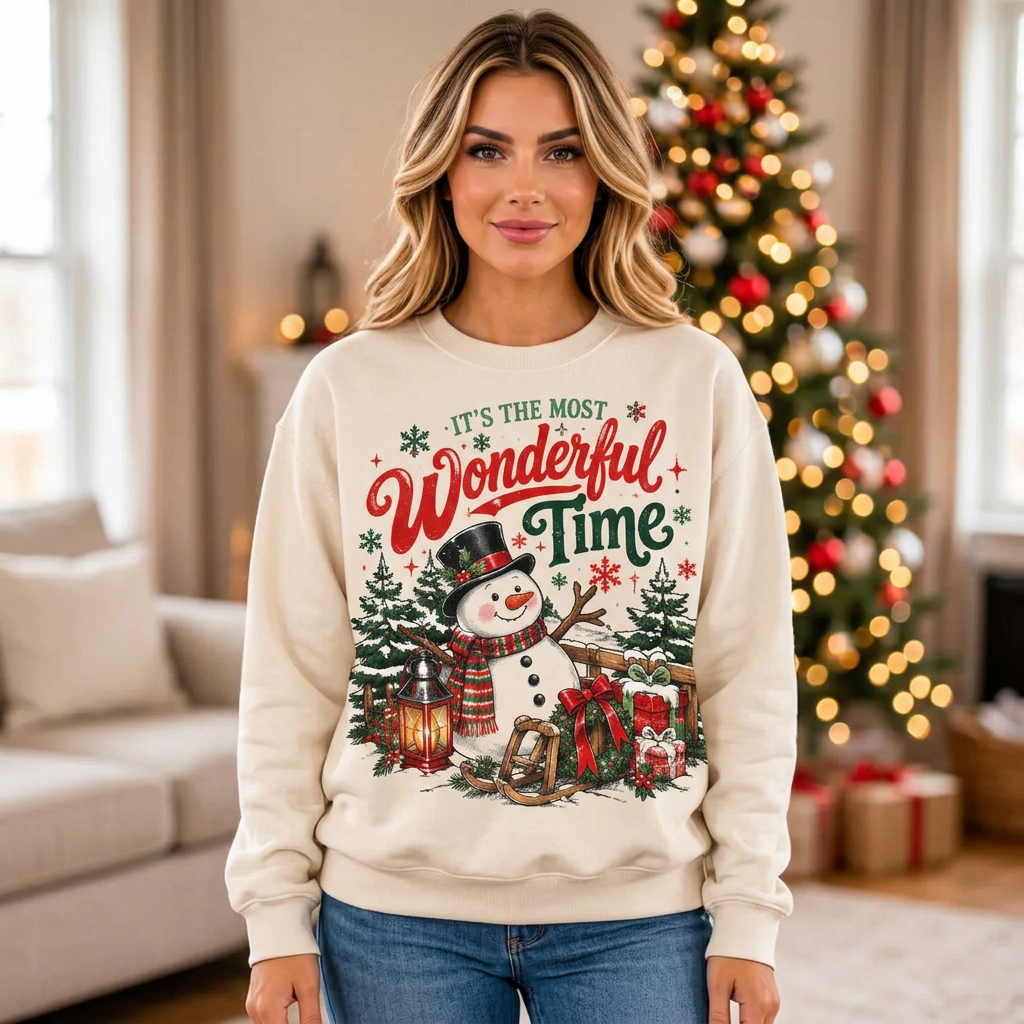 Female model wearing the cream snowman sweatshirt