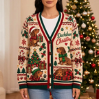 Female model wearing the Dachshund Christmas cardigan