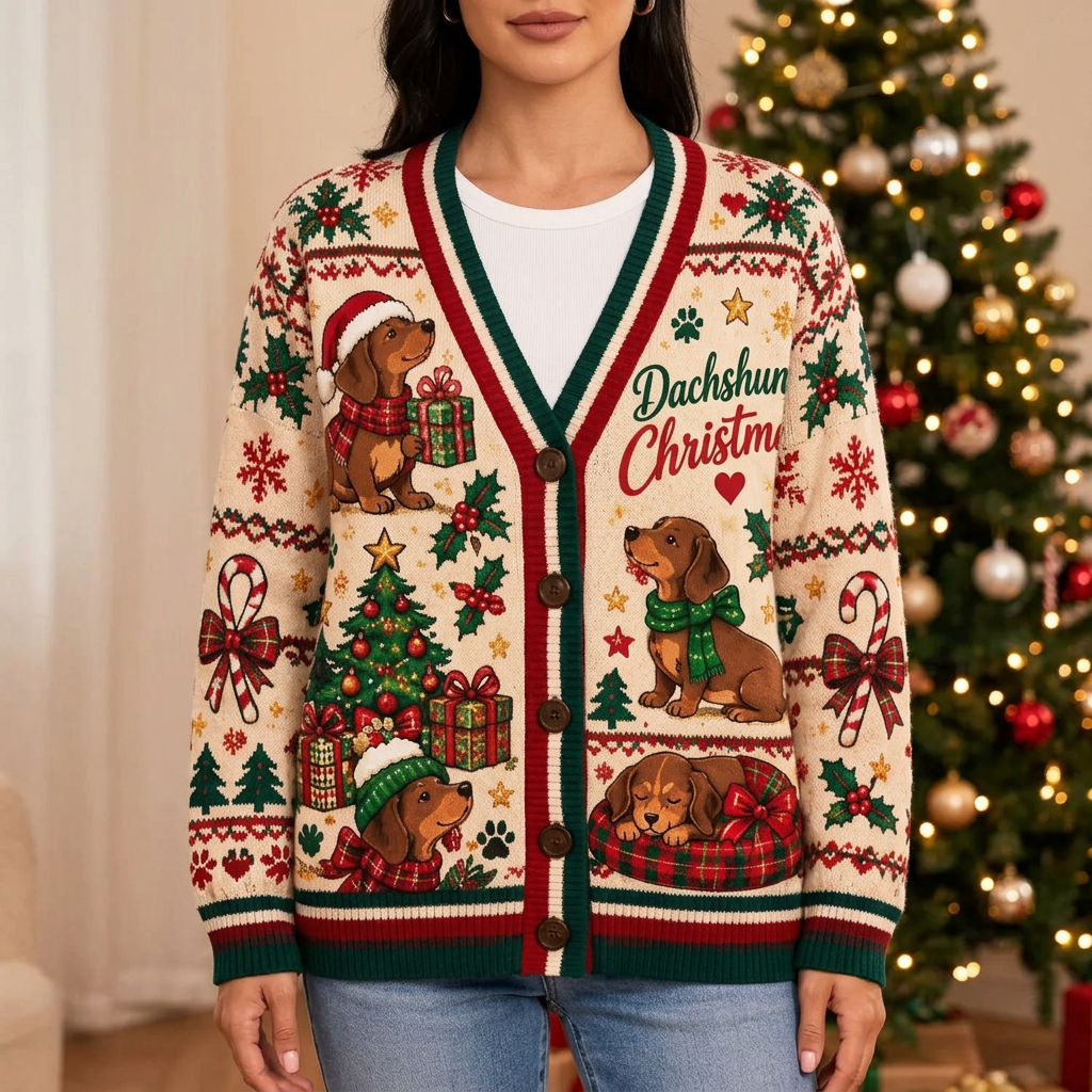 Female model wearing the Dachshund Christmas cardigan