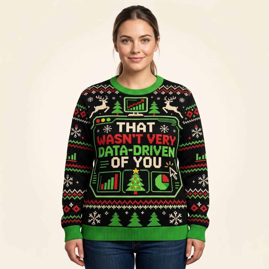 Female model wearing the data-driven Christmas sweater