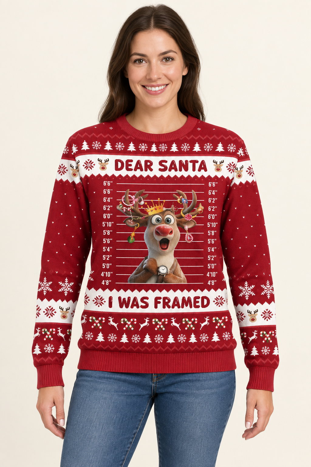 Female model wearing the Dear Santa sweater