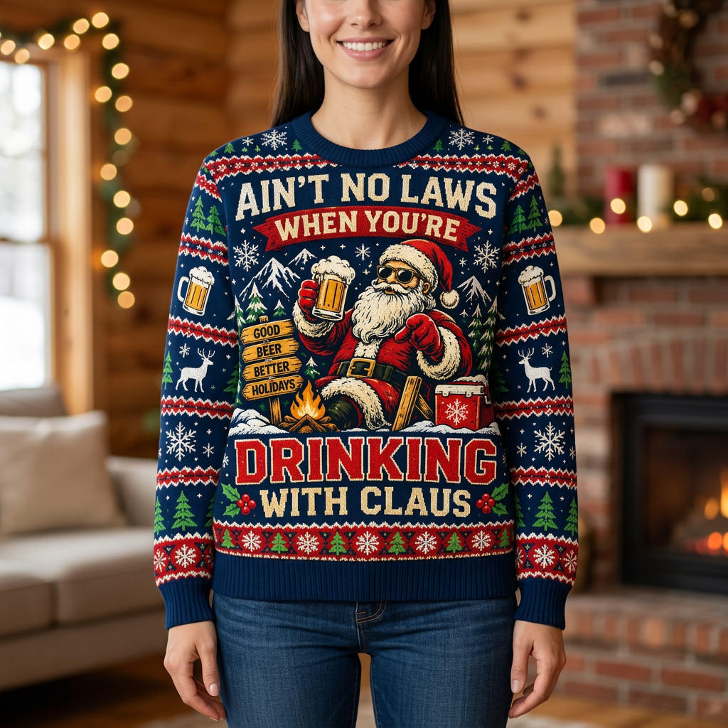 Female model wearing the Drinking With Claus Christmas sweater