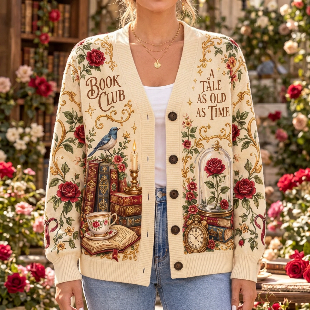 Female model wearing the enchanted Book Club cardigan