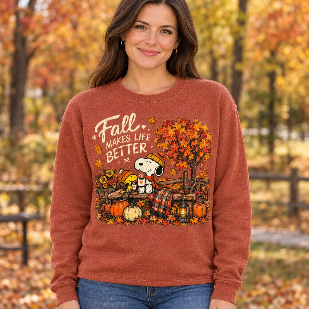Female model wearing the Fall Makes Life Better shirt