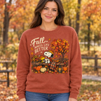 Female model wearing the Fall Makes Life Better shirt