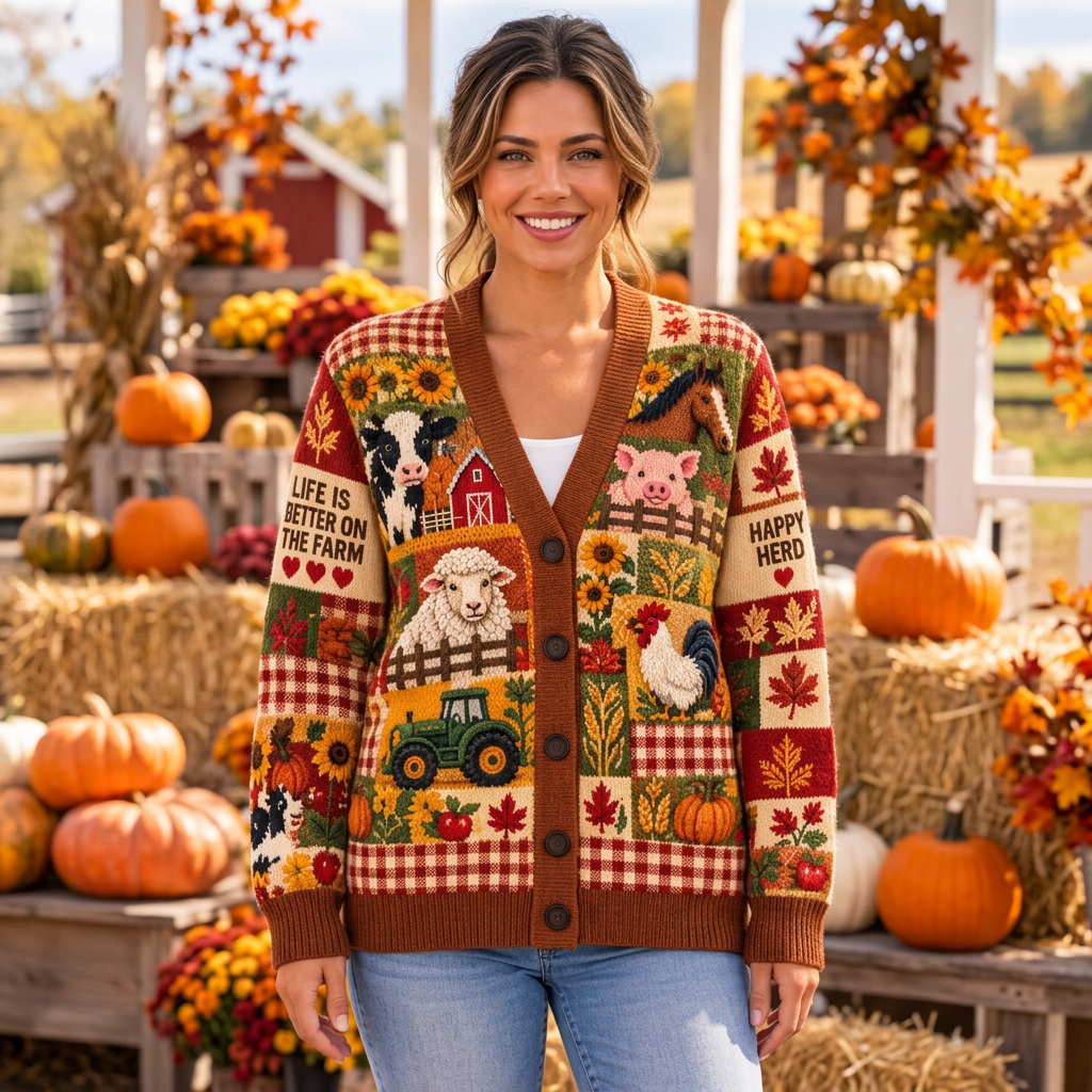 Female model wearing the farmhouse cardigan