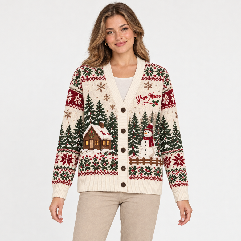 Female model wearing the farmhouse Christmas cardigan