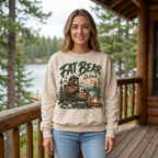 Female model wearing the Fat Bear Week sweatshirt