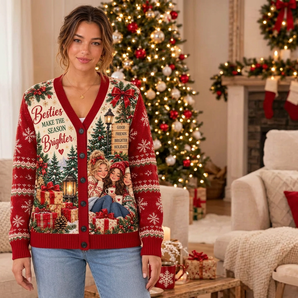 Female model wearing the festive Besties cardigan