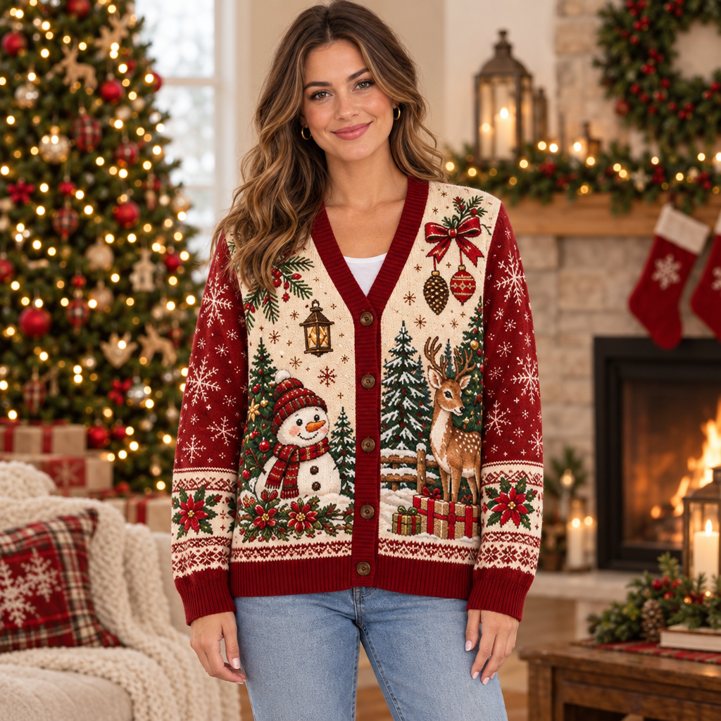 Female model wearing the festive snowman and deer cardigan
