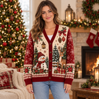 Female model wearing the festive snowman and deer cardigan