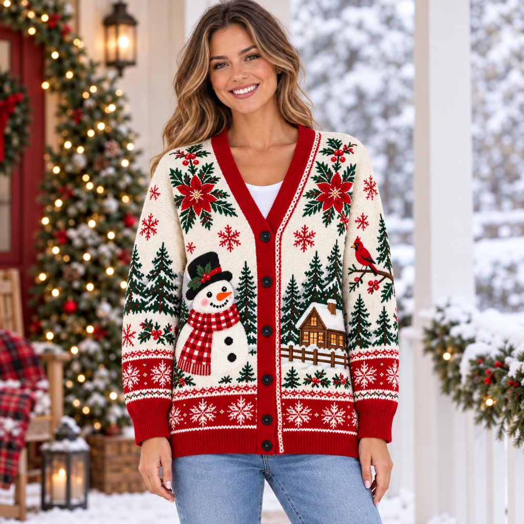 Female model wearing the festive snowman Christmas cardigan
