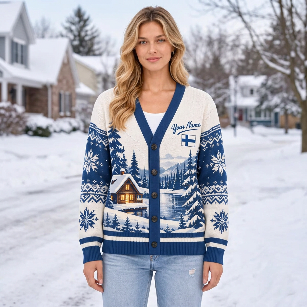 Female model wearing the Finland winter cardigan