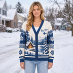 Female model wearing the Finland winter cardigan