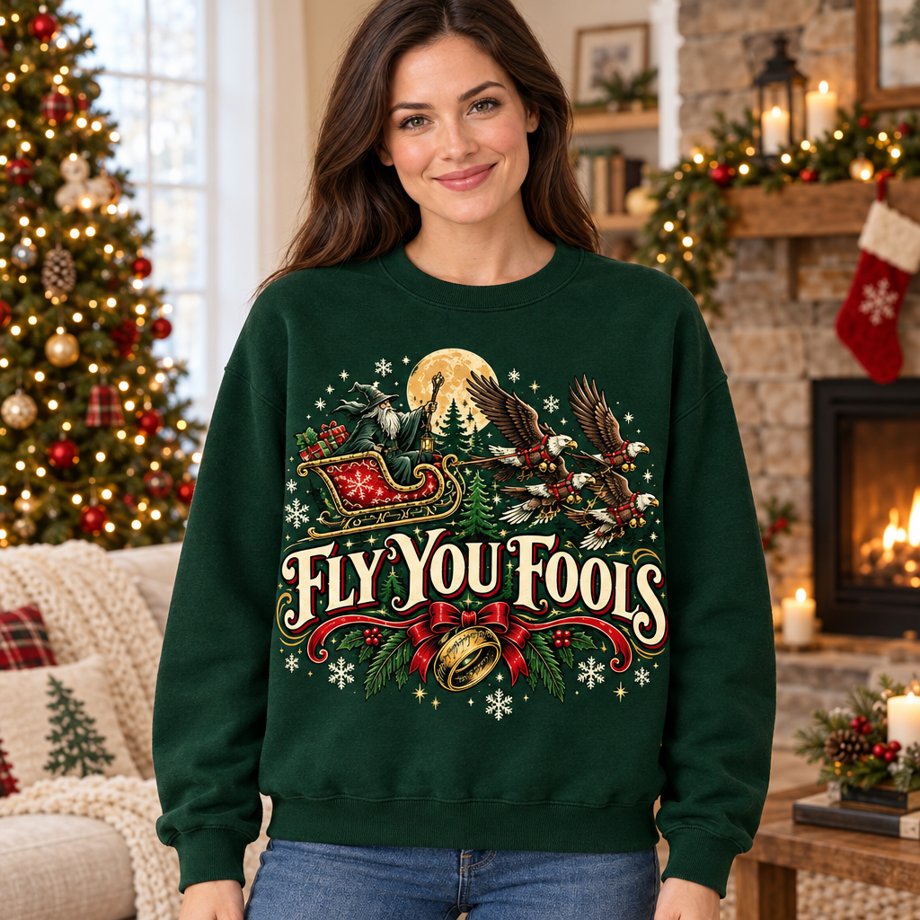 Female model wearing the Fly You Fools sweatshirt