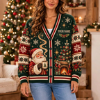 Female model wearing the forest-green Santa and fireplace cardigan