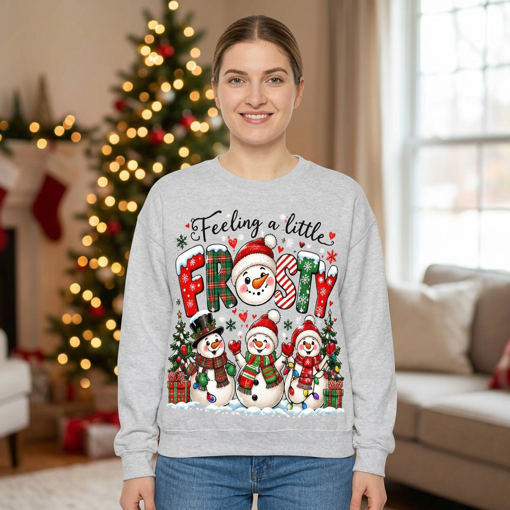 Female model wearing the Frosty snowman sweatshirt