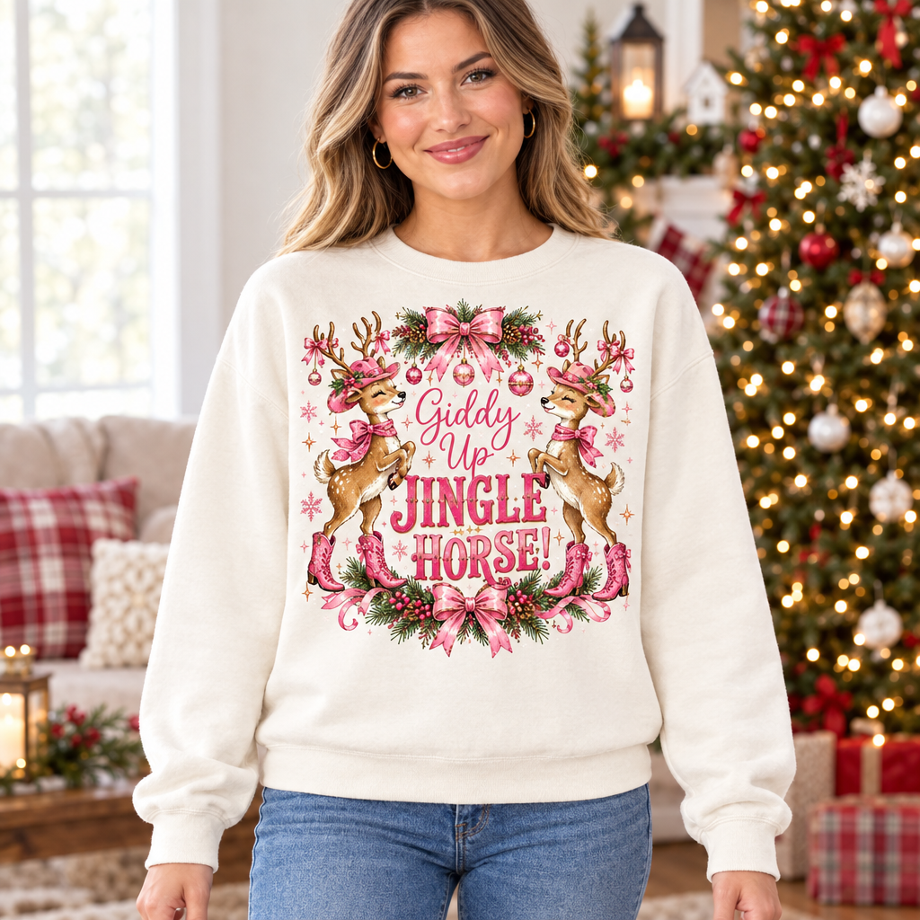 Female model wearing the Giddy Up holiday sweatshirt