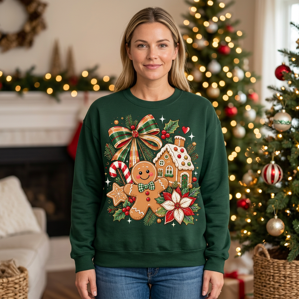 Female model wearing the gingerbread Christmas sweatshirt