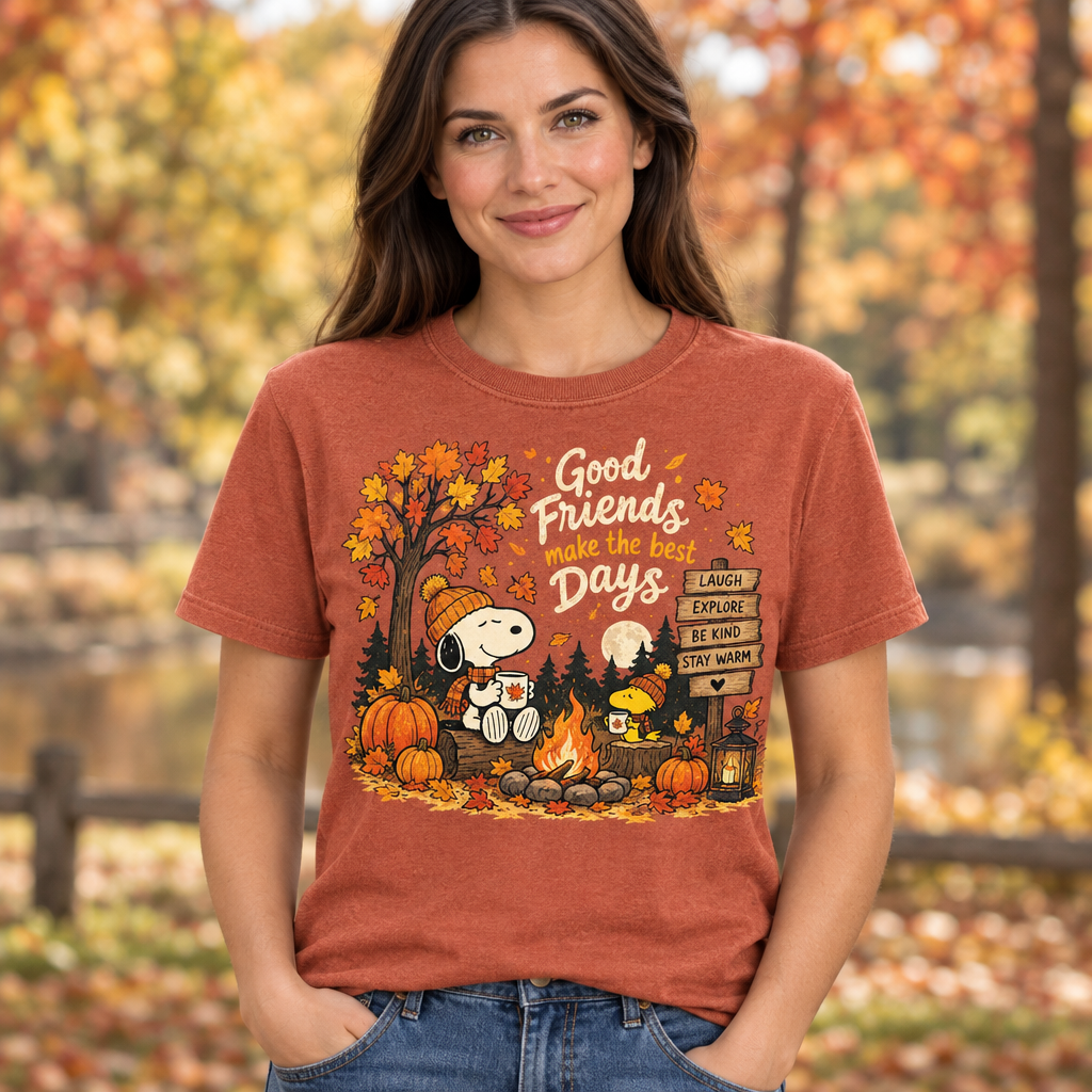 Female model wearing the Good Friends autumn shirt
