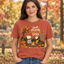 Female model wearing the Good Friends autumn shirt