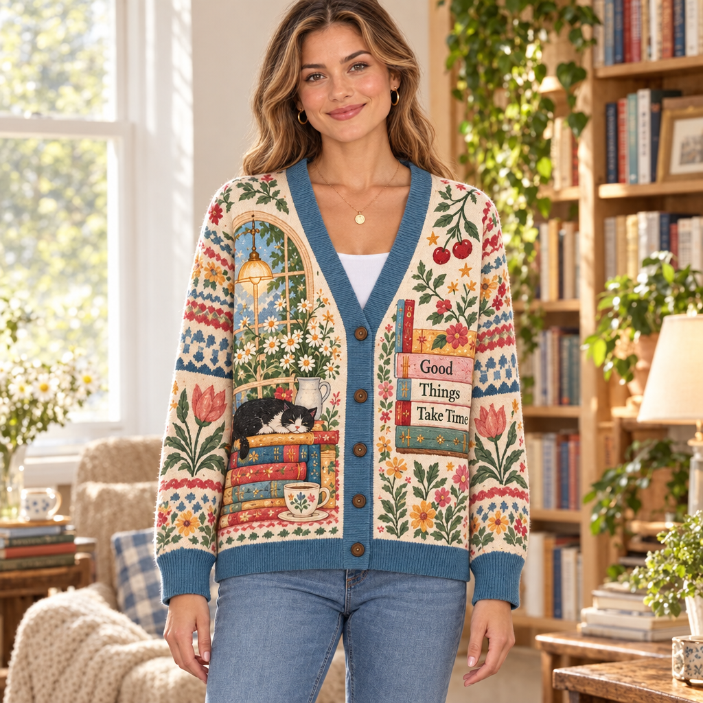 Female model wearing the Good Things Take Time cardigan