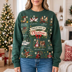 Female model wearing the green Christmas sweatshirt