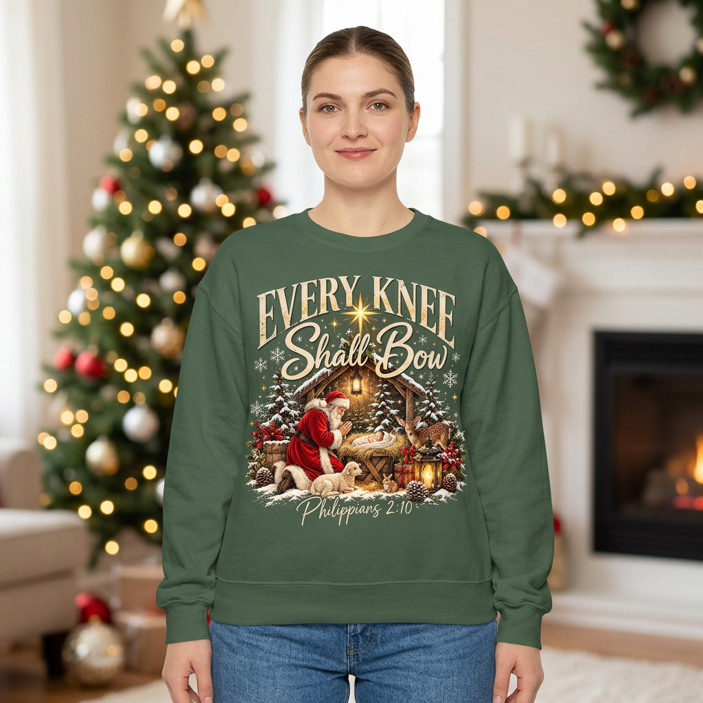 Female model wearing the green Every Knee Shall Bow sweatshirt