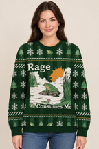 Female model wearing the green frog Christmas sweater