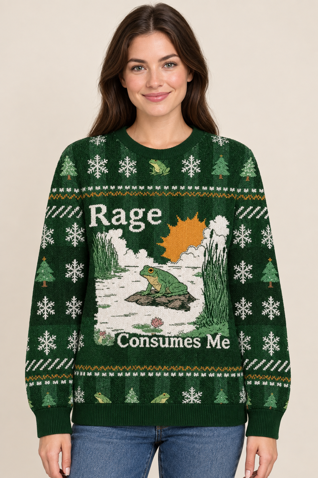 Female model wearing the green frog Christmas sweater