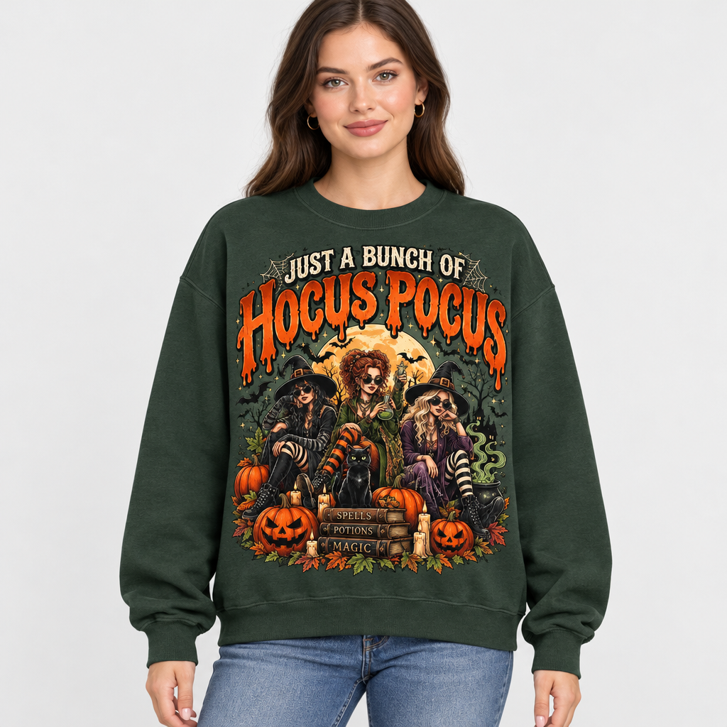 Female model wearing the green Hocus Pocus sweatshirt