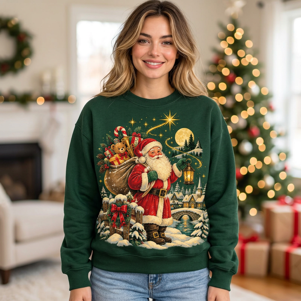 Female model wearing the green Santa Christmas sweatshirt