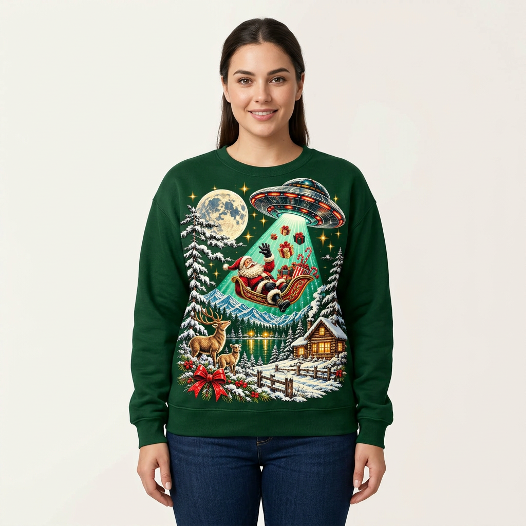 Female model wearing the green Santa UFO sweatshirt