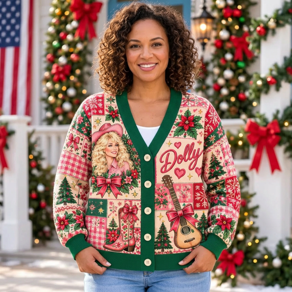 Female model wearing the green-trim Dolly Christmas cardigan