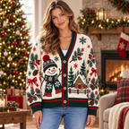 Female model wearing the green-trim snowman cardigan