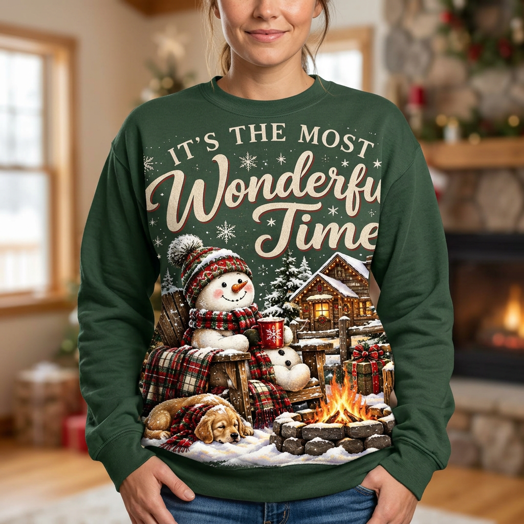 Female model wearing the green winter cabin sweatshirt