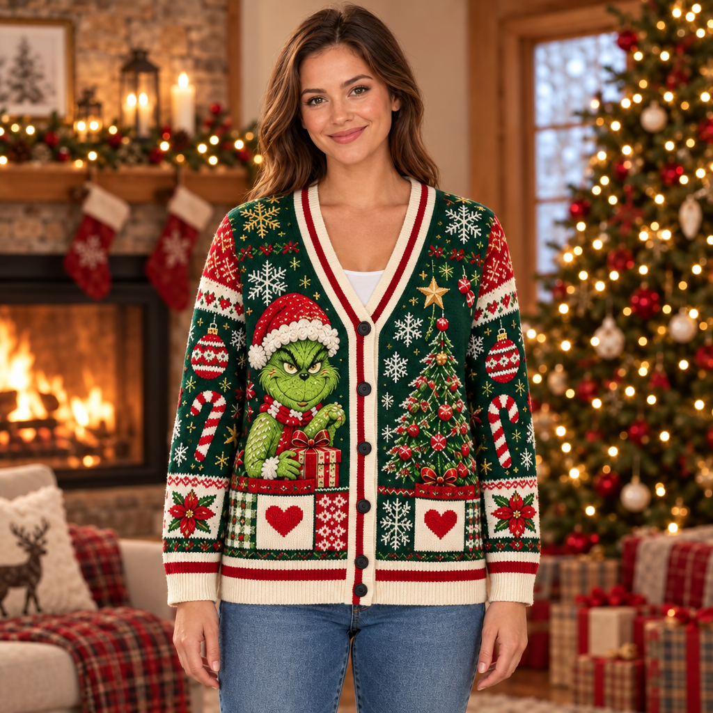 Female model wearing the Grinch Christmas cardigan