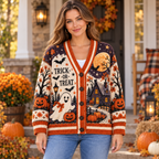 Female model wearing the Halloween cardigan