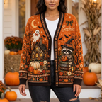 Female model wearing the Halloween cardigan