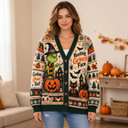 Female model wearing the Halloween cardigan