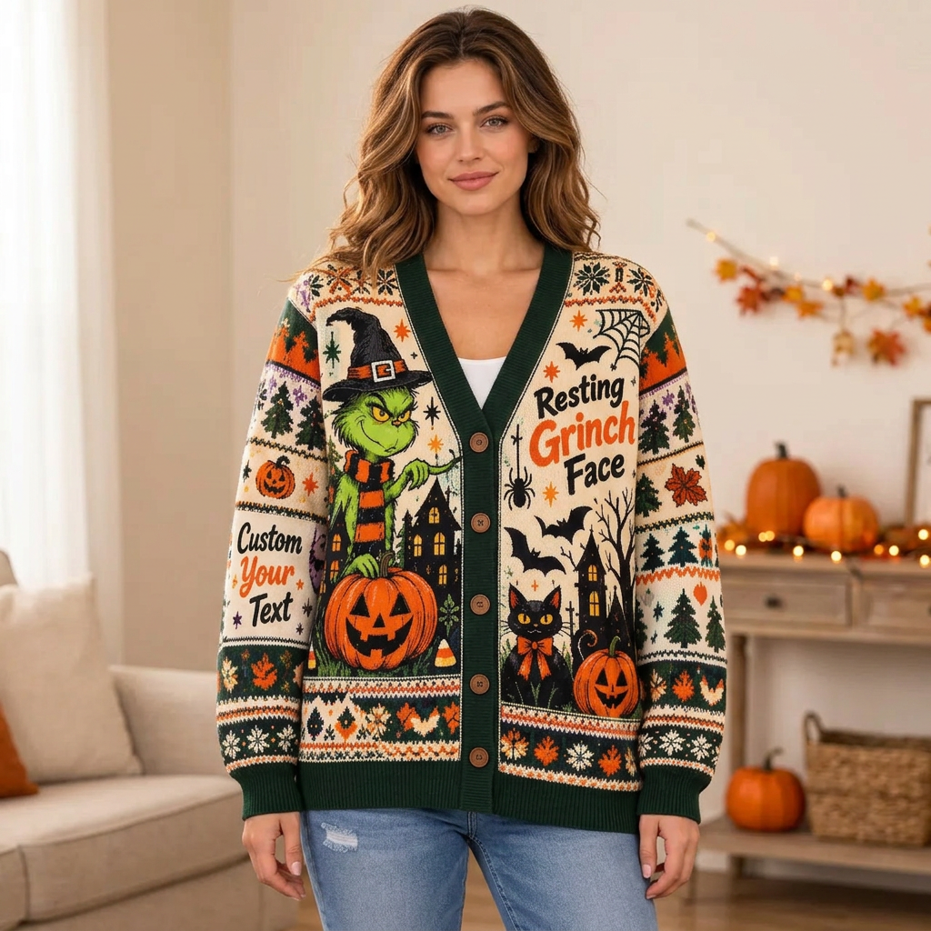 Female model wearing the Halloween cardigan