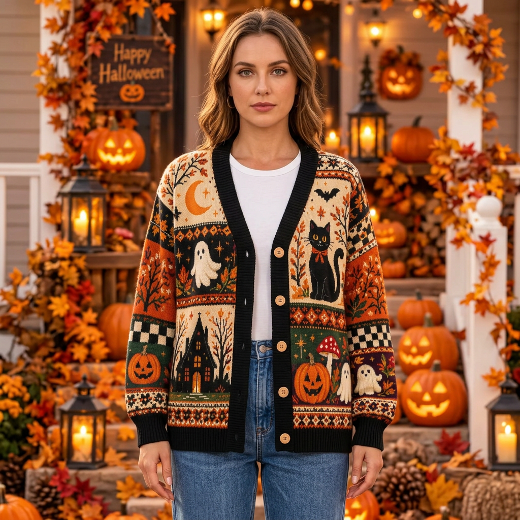 Female model wearing the Halloween cardigan